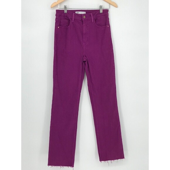 ZARA Women's Purple High Waisted Flare Jeans Sz 4 | Wide Leg Raw Split Hem - Picture 11 of 11